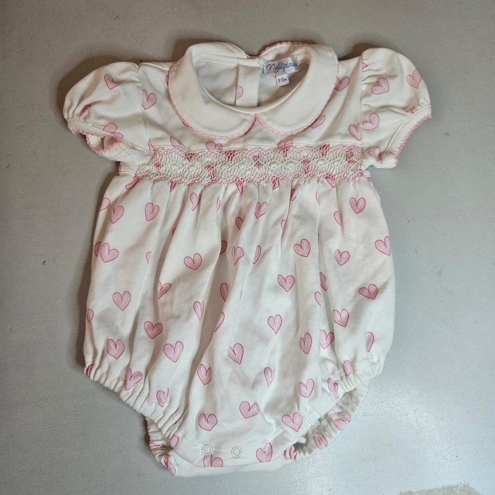 Nellapima Baby Girl Heart Smocked Pima Cotton Bubble Romper White Pink 9-12M